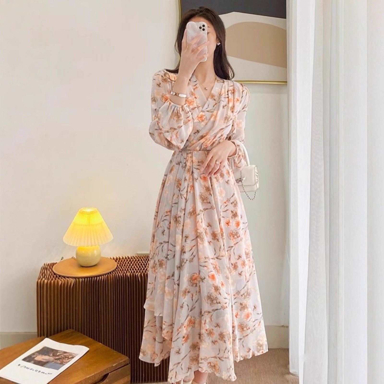 French Style Long Sleeve V-Neck Floral Chiffon Dress
