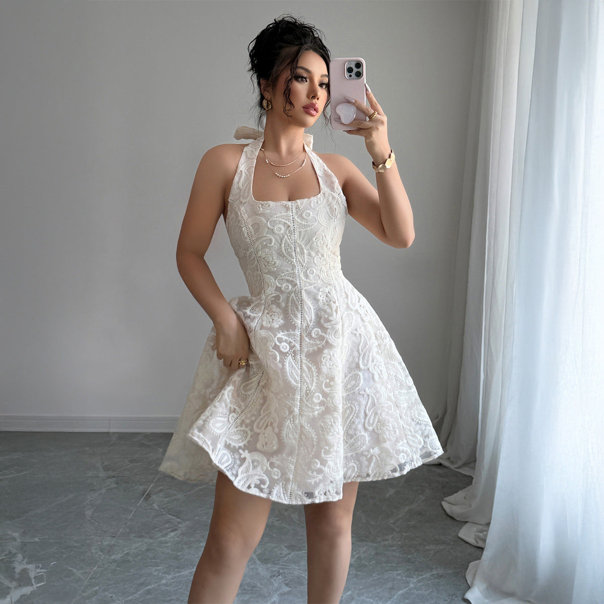 Elegant Simple Halterneck Mini Dress – Backless A-Line Summer Party Outfit