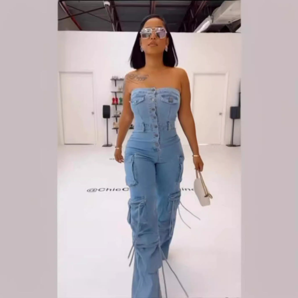 Tube Top Denim Jumpsuit with Multi-Pocket Design – Button-Up Casual Romper