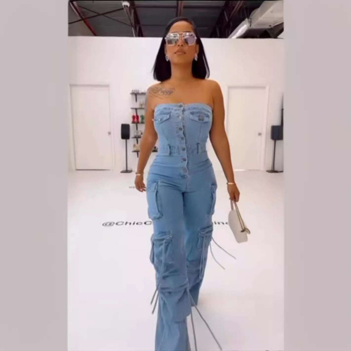 Tube Top Denim Jumpsuit with Multi-Pocket Design – Button-Up Casual Romper