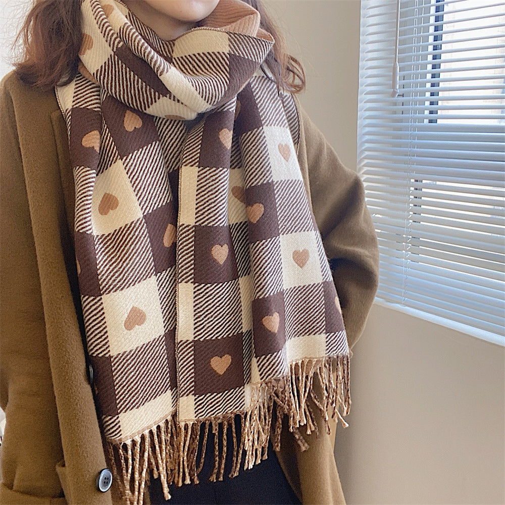 Women’s Winter Heart Plaid Cashmere Scarf – Thick Warm Checkered Shawl with Fringe
