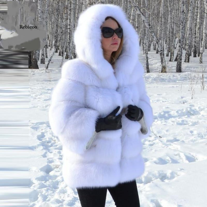 Women’s Hooded Faux Fur Winter Jacket – Warm Plush Coat with Long Sleeves