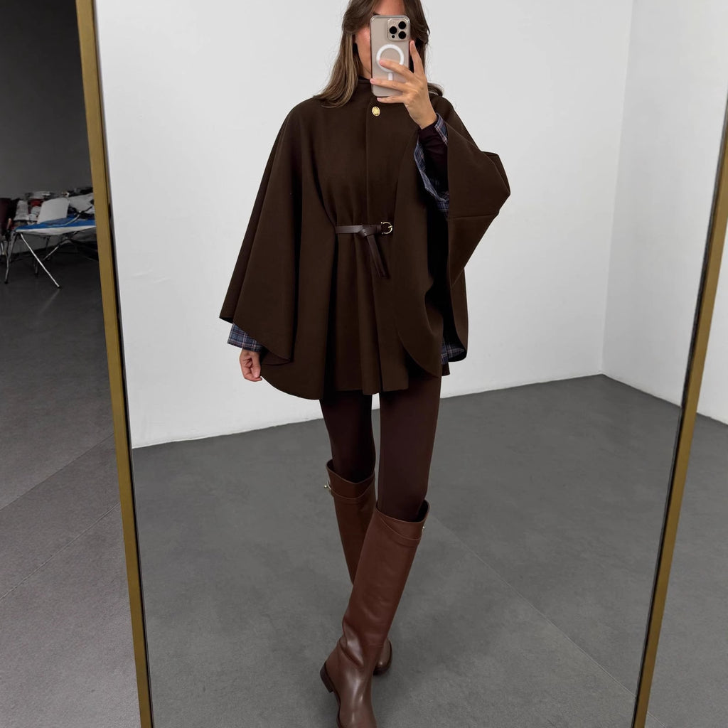 Winter Elegant Woolen Cape Coat – Mid-Length Belted Poncho Style