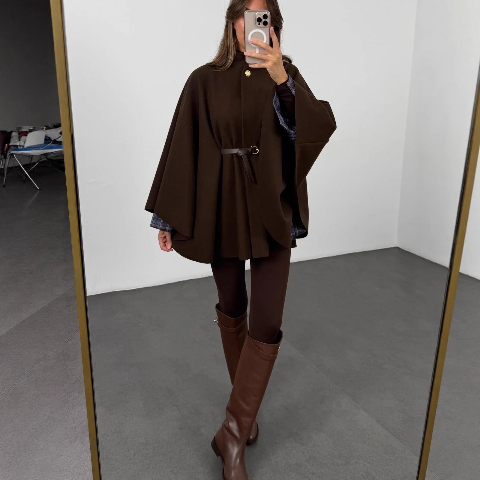 Winter Elegant Woolen Cape Coat – Mid-Length Belted Poncho Style