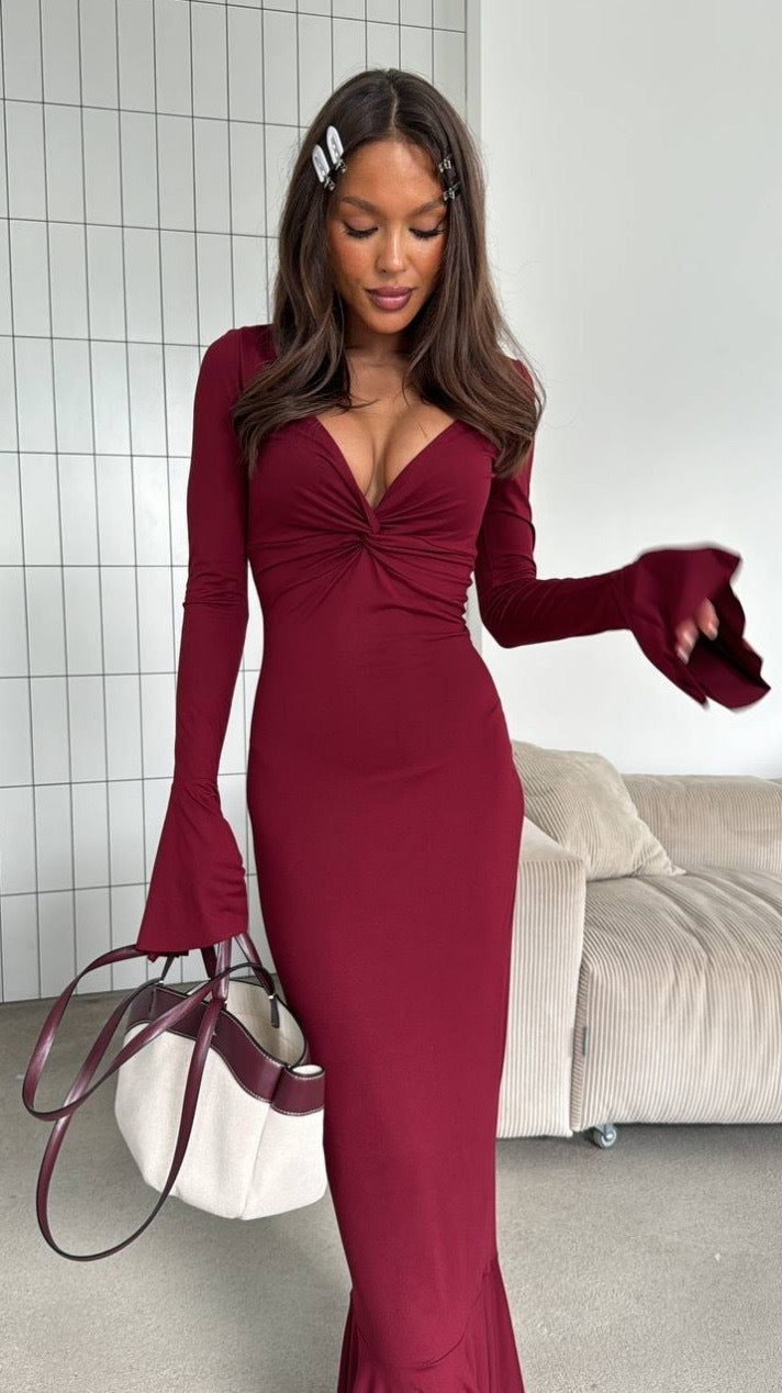 V-Neck Elegant Long Sleeve Ruffle Hem Bodycon Dress