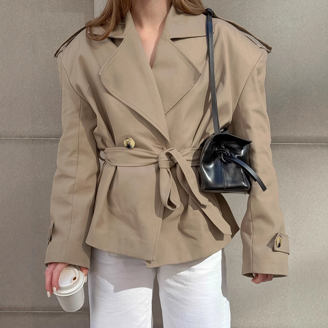 Trendy Casual Lace-Up Khaki Trench Coat for Women – Mid-Length Belted Outerwear