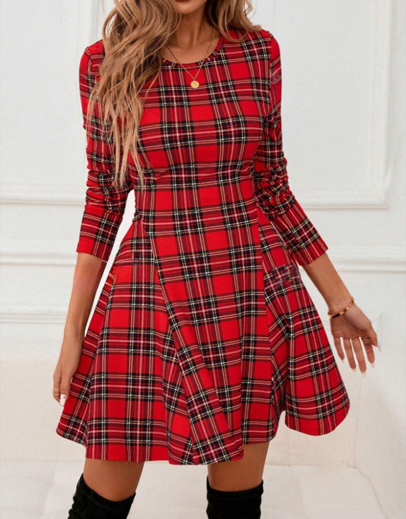 Vintage Plaid Slim Fit Long Sleeve Dress